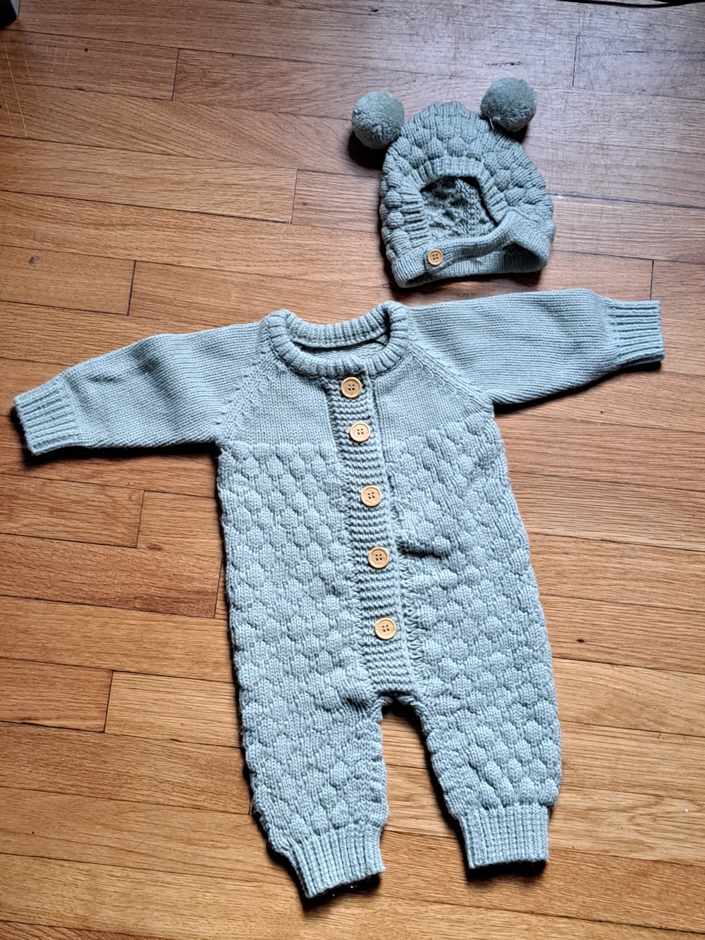 Soft Knit Baby One-Piece Romper with Pom-Pom Hat - Sage